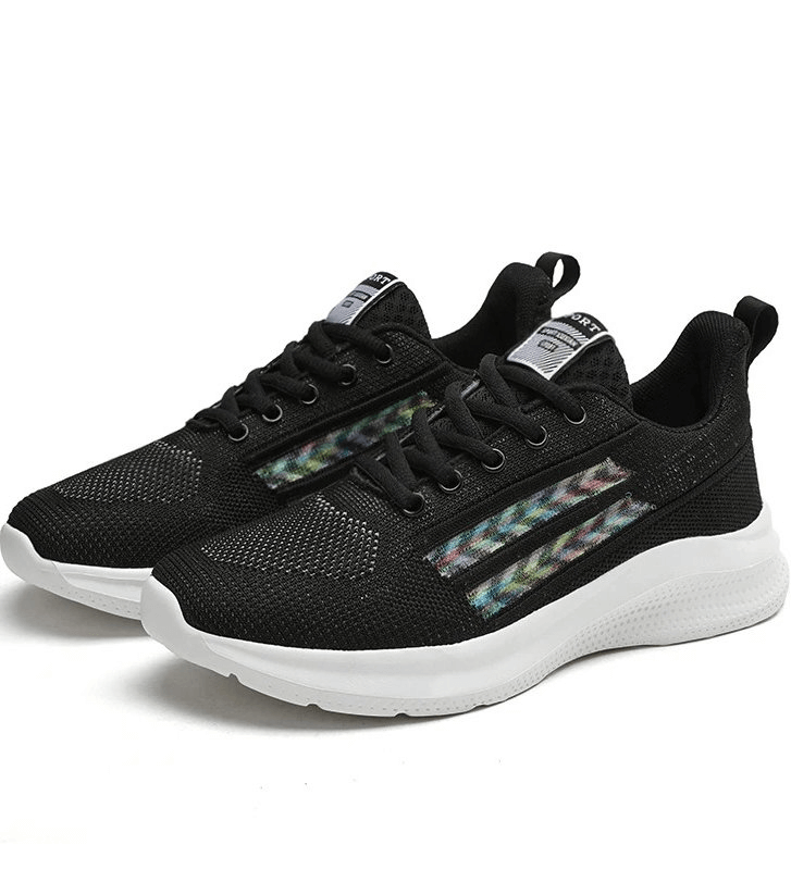 Black sports mesh breathable women's training shoes SF0212 with EVA outsole and lace-up closure for comfort and support.